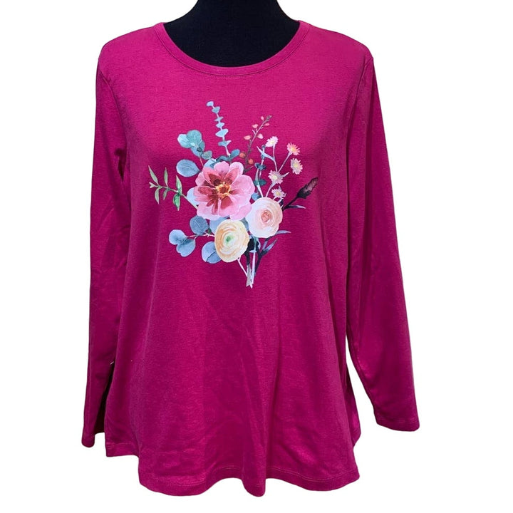 Hand Printed Upcycled 1X Watercolor Summer Flower Peony Aster Bouquet Cotton Tee
