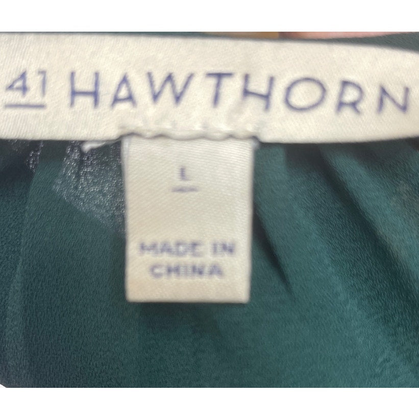 41 Hawthorne Womens Large Green Sheer Long Sleeve Lace Shoulder Striped Top
