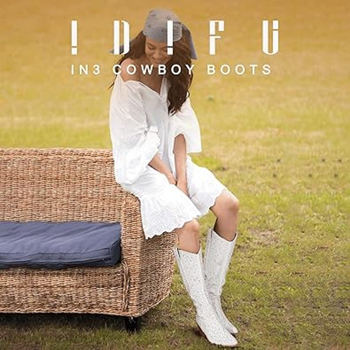 Idifu Womens Size 9 White Silver Rhinestone 3" Block Heel Cowboy Western Boots