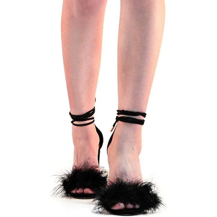 Richealnana Womens 5.5 Black Faux Suede Artificial Fur Feather 4.5" Heel Shoes
