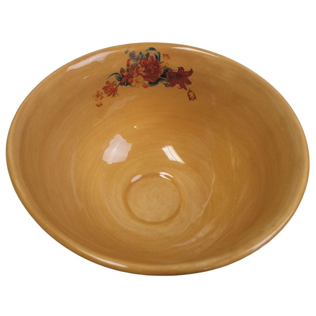 Vintage Orange Lily Marigold Flowers Painted Ceramic Wooden Footed Bowl