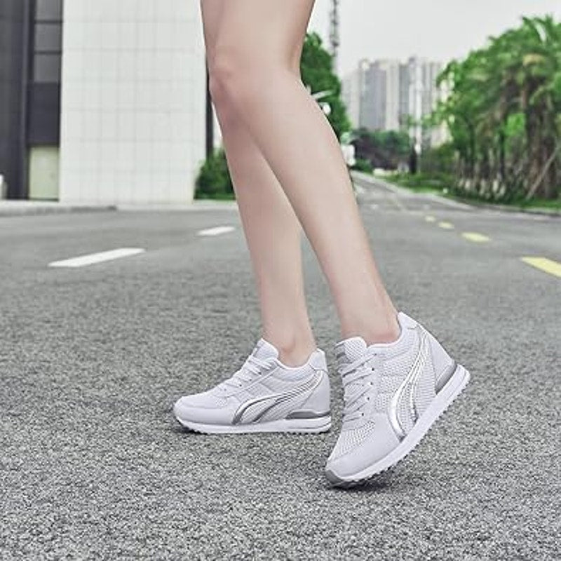 Aonegold Womens Size 6.5 White SIlver High Top Lace Up Hidden Heel Sneaker Shoes