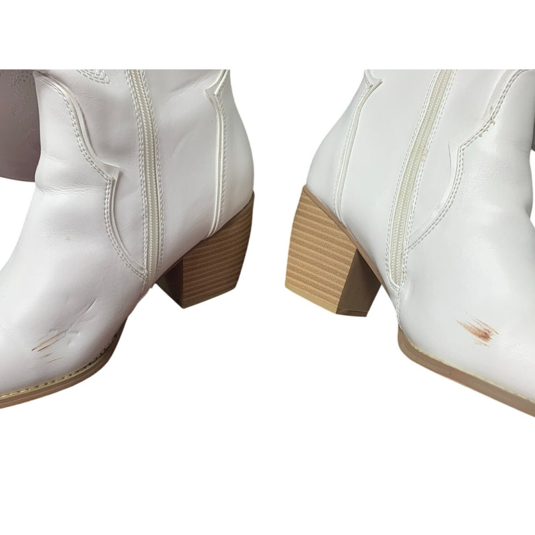 Dream Pairs Womens Size 9.5 White Faux Leather 3" Chunky Heel Cowboy Boot Shoes