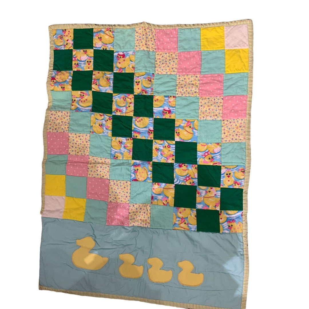 Handmade Mommy &amp; Baby Duck Pastel Soft Square Pattern Blanket Cuddle Quilt