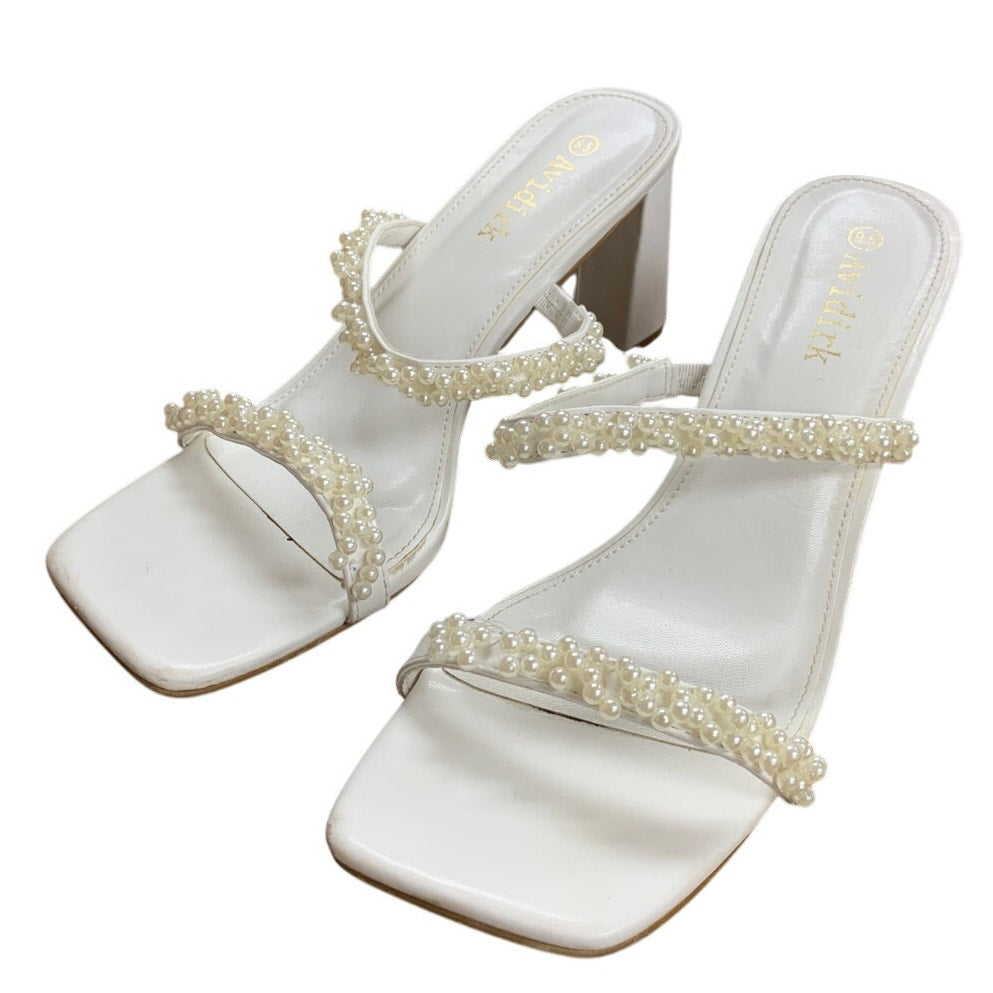 Avidirk Womens Size 9.5 White Pearl Square Open Toe 3.5" Block Heel Sandal Shoes