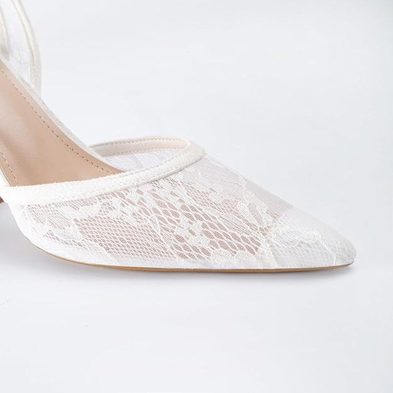 Lhamo Latso Womens Size 6.5 White Lace Mesh Pointy Toe 4" Heel Slingback Shoes