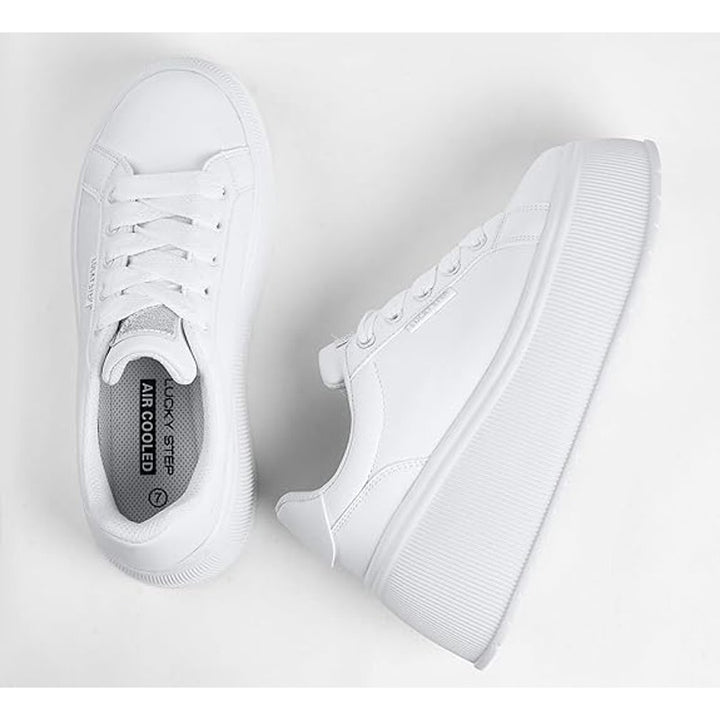 Lucky Step Womens 8 White Classic Wedge Canvas Platform Fashion Sneakers