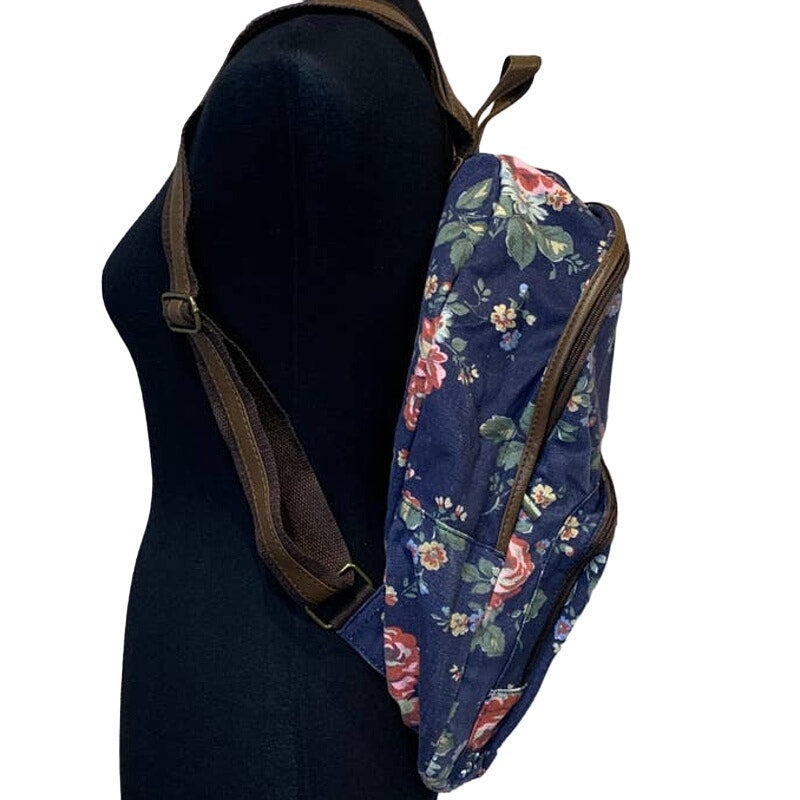 Navy Blue Pink Floral Faux Leather Trimmed Machine Washable Backpack Book Bag
