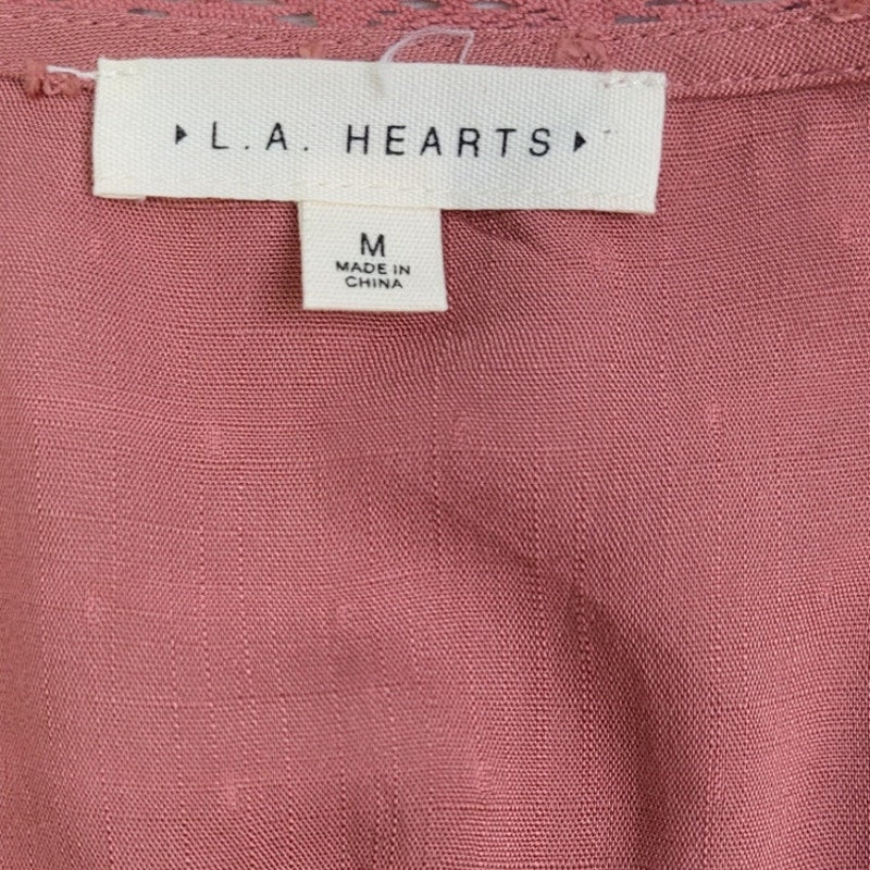 LA Hearts Womens Medium Rose Pink 100% Rayon Front Tie Short Sleeve Dotted Top