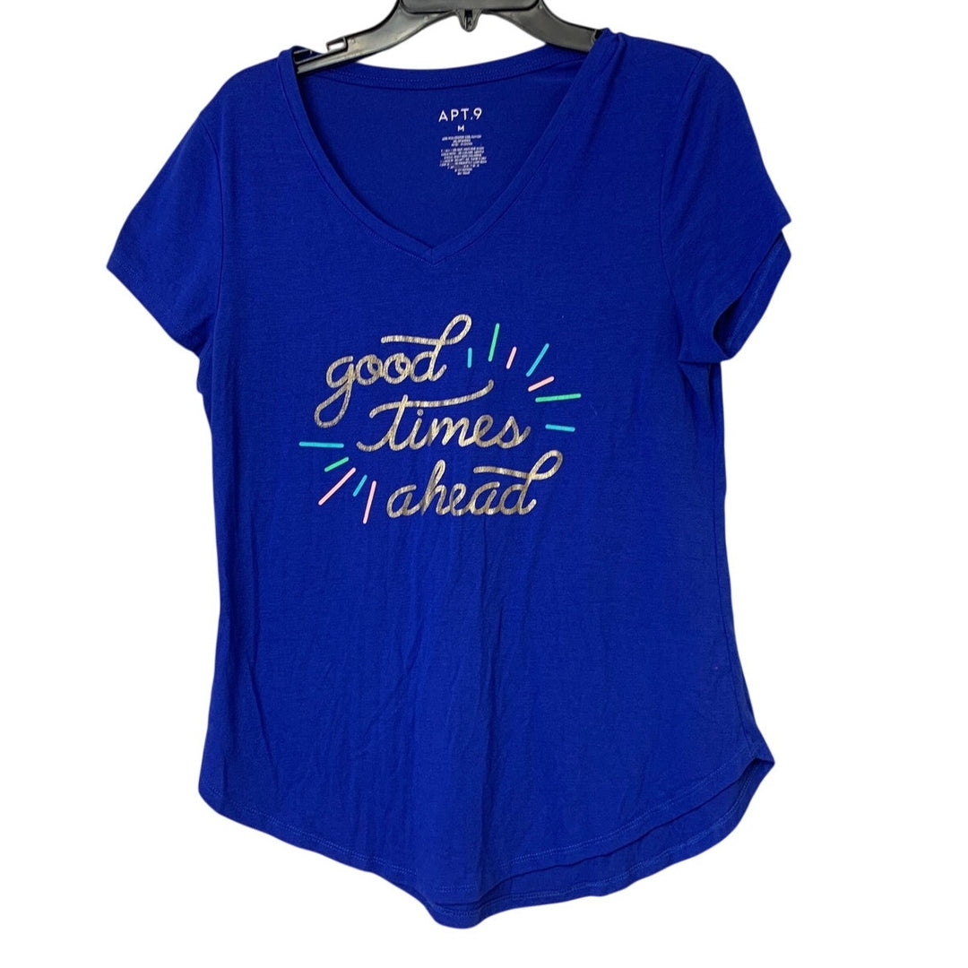 Upcycled Hand Printed Womens Medium Good Times Ahead Short Sleeve Tee Shirt EUC