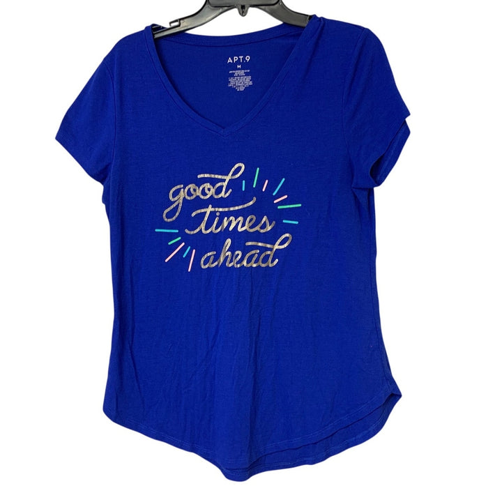 Upcycled Hand Printed Womens Medium Good Times Ahead Short Sleeve Tee Shirt EUC