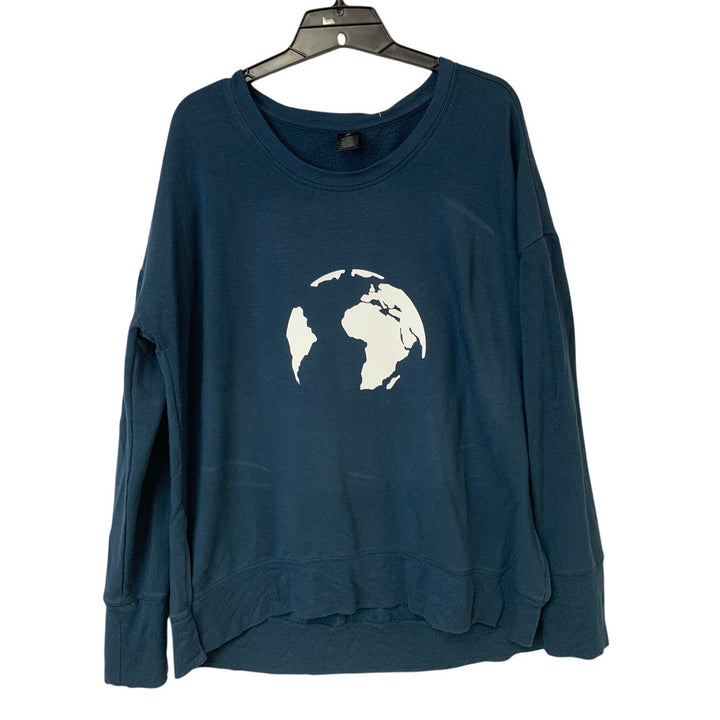 Upcycled Hand Printed Womens Large Save The Earth World Long Sleeve Sweatshirt