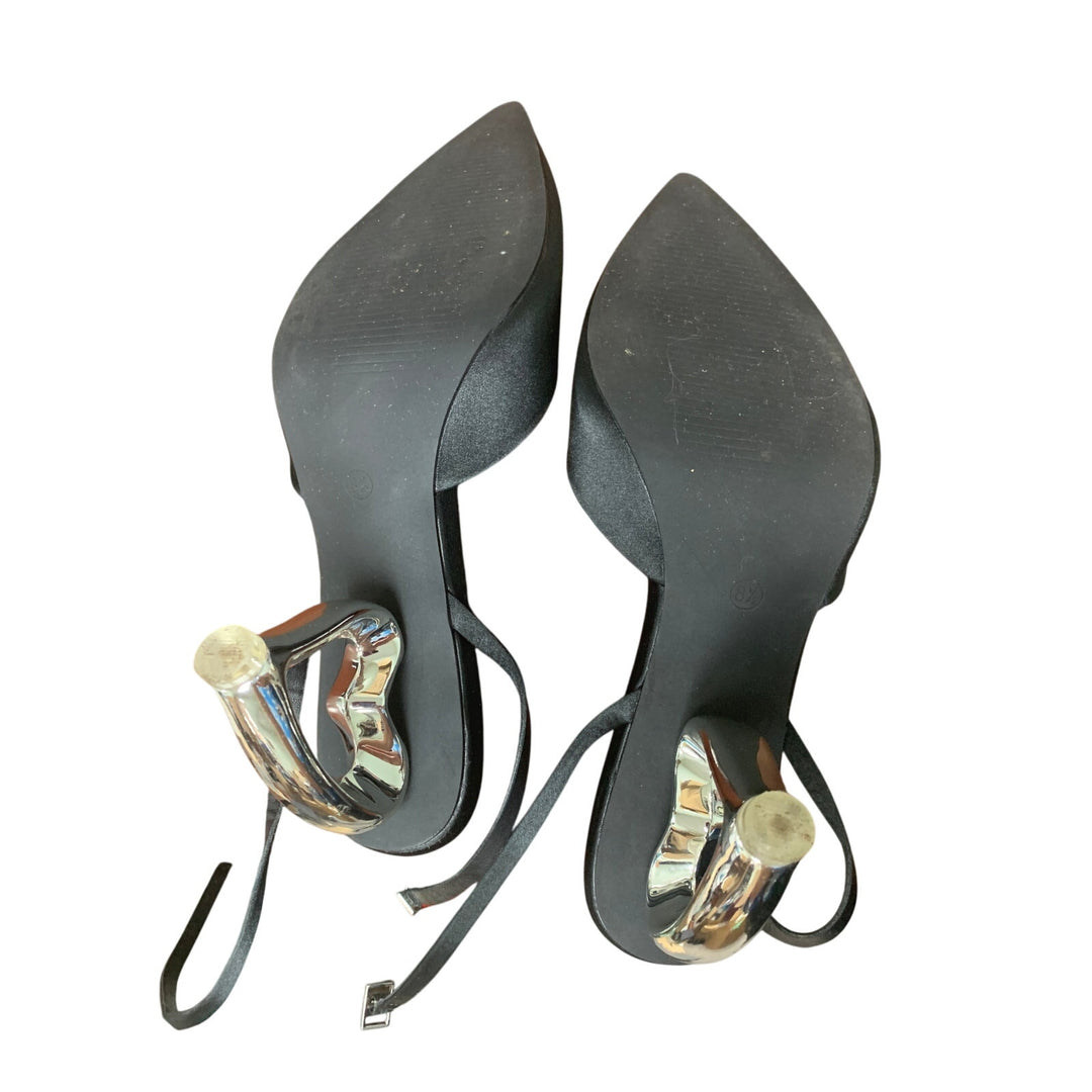 Coutgo Womens Size 8.5 Black Satin Silver Heart 3" Heel Ankle Strap Shoes