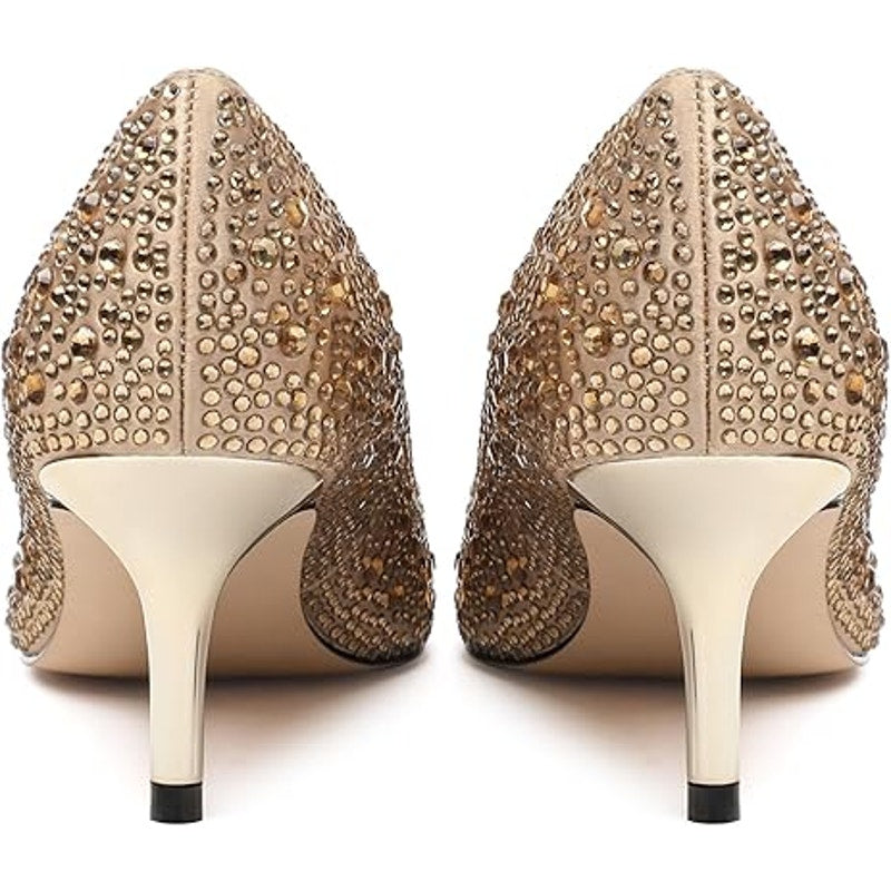 Justvindo Womens Size 8.5 Gold Satin Rhinestone 2.5" Heel Closed Point Toe Shoes