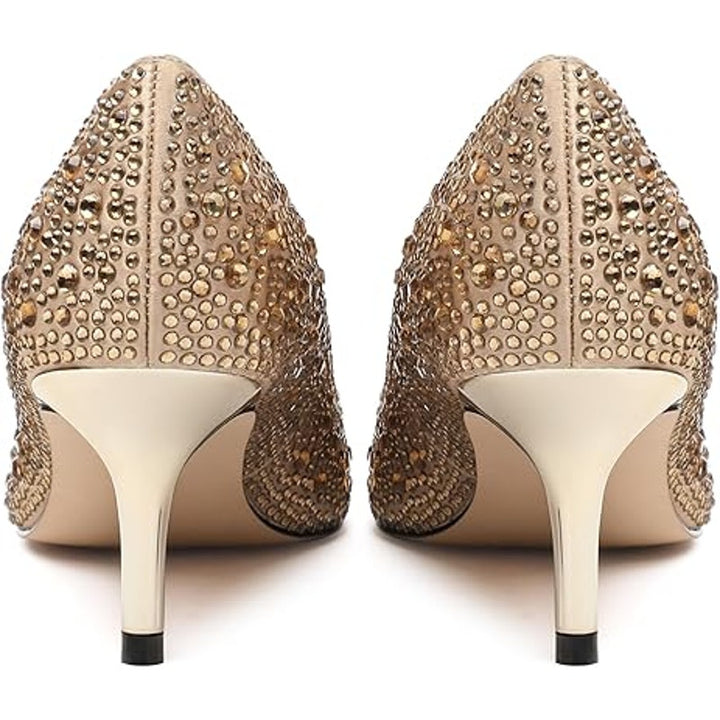 Justvindo Womens Size 8.5 Gold Satin Rhinestone 2.5" Heel Closed Point Toe Shoes