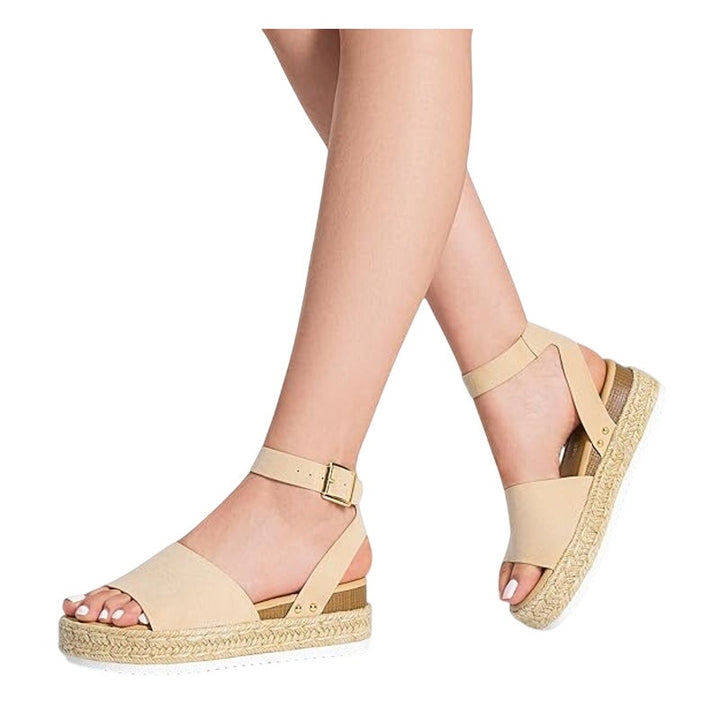 Dream Pairs Womens 7.5 Tan Faux Suede Platform Espadrille Ankle Strap Sandals