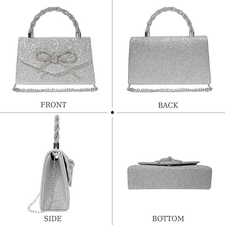 Womens Silver Sparkly Glitter Bow Clutch Shoulder Dressy Evening Purse Handbag