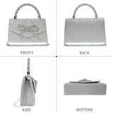 Womens Silver Sparkly Glitter Bow Clutch Shoulder Dressy Evening Purse Handbag