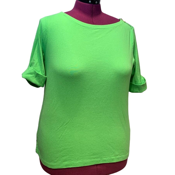 Lauren Ralph Lauren 1X 100% Cotton Short Sleeve Zipper Detail Neon Green T-Shirt