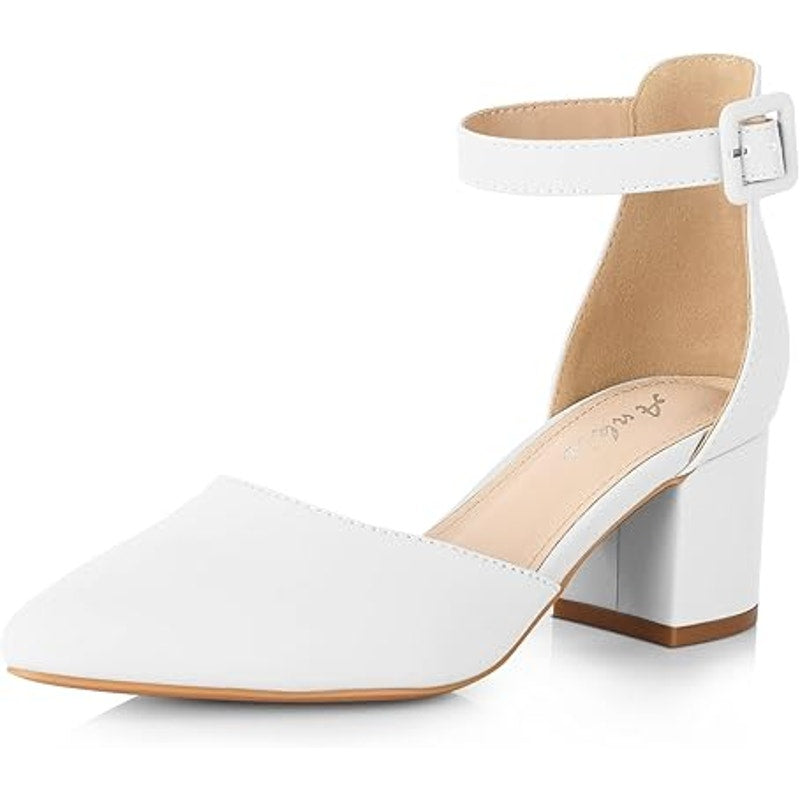 Boxed Ankis Womens 7.5 White Closed Toe Ankle Strap Low Block Chunky Heels Pumps