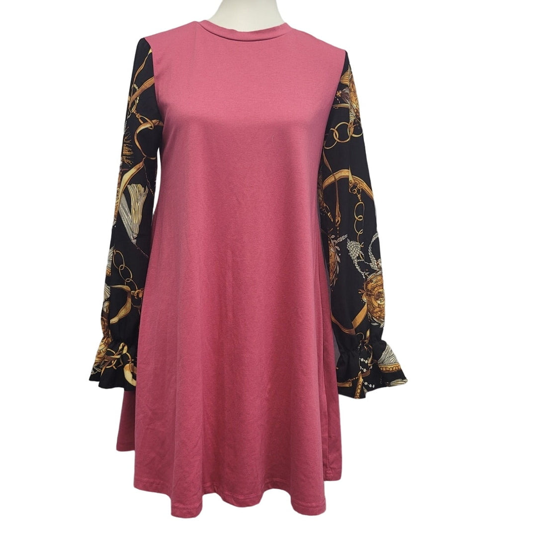 Womens Small PolyCotton Spandex Long Patterned Sleeve Tunic Dress