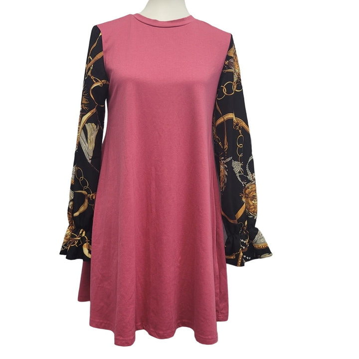 Womens Small PolyCotton Spandex Long Patterned Sleeve Tunic Dress