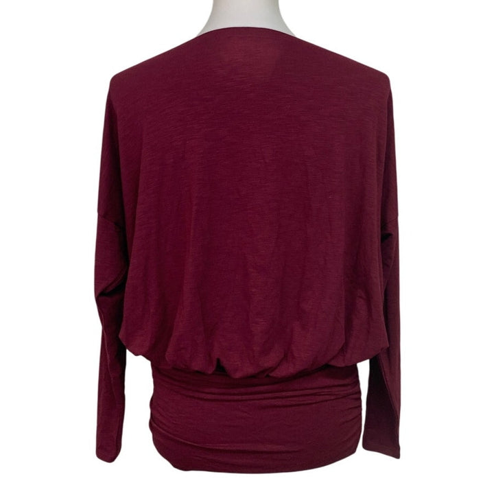 New Aerie Womens Small Long Sleeve Boat Neck Ruched Heathered Berry Top
