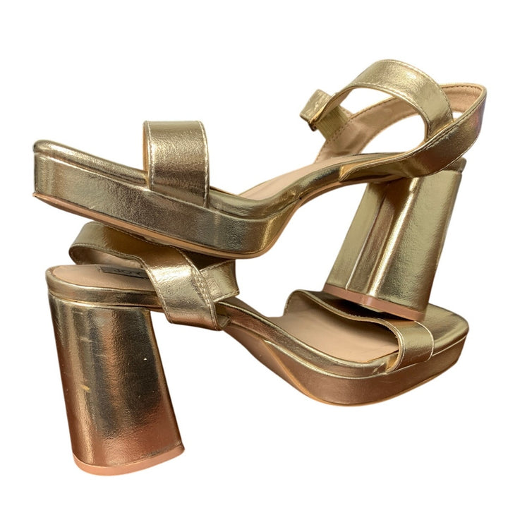 Joy In Love Women 7.5 Shiny Gold Open Toe 4" Block Heel Ankle Strap Sandal Shoes