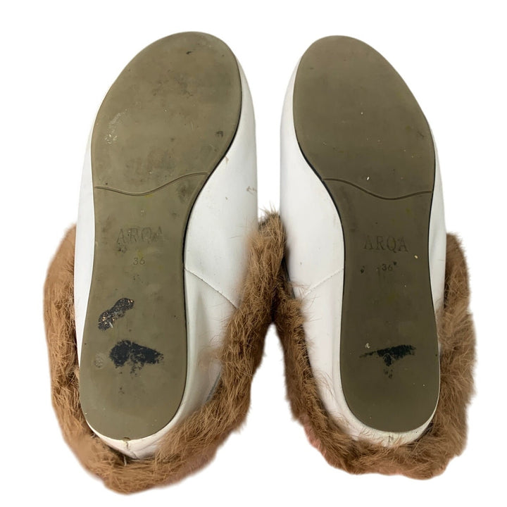 Arqa Womens Size 6 White w Brown Fur Rounded Toe Slide On Mule Slipper Shoes