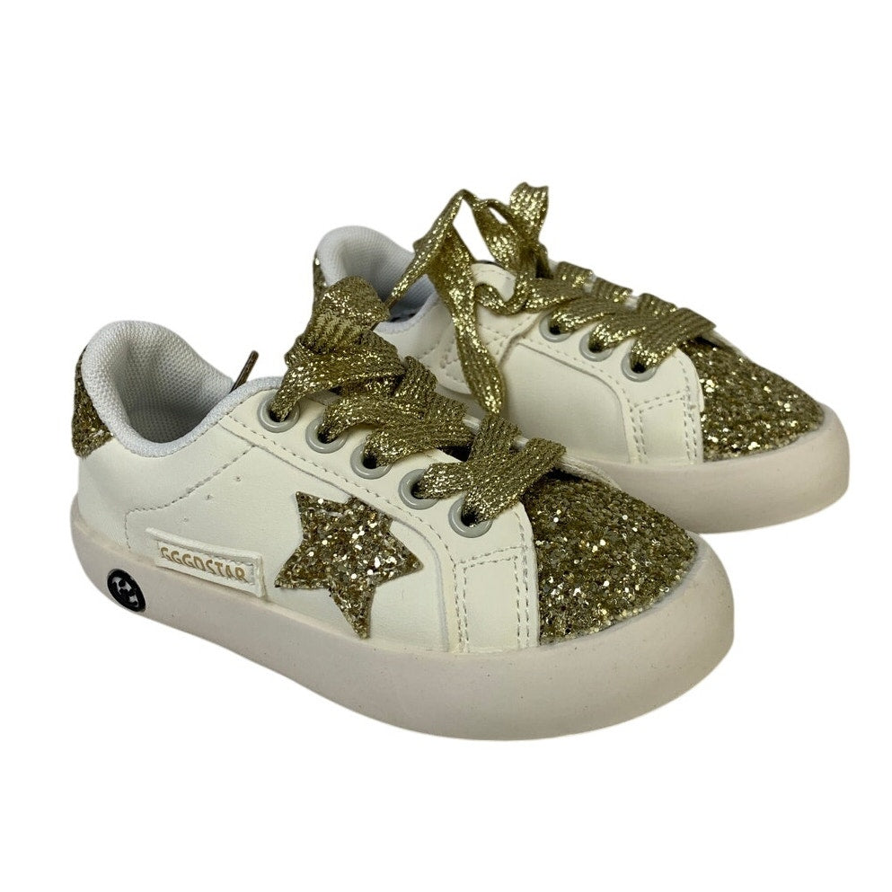 Qimaoo Toddler Girls Size 9.5 Gold Glitter Sneakers Lace Up Round Toe Shoes