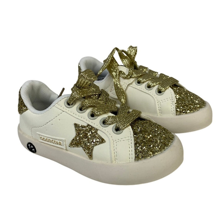 Qimaoo Toddler Girls Size 9.5 Gold Glitter Sneakers Lace Up Round Toe Shoes