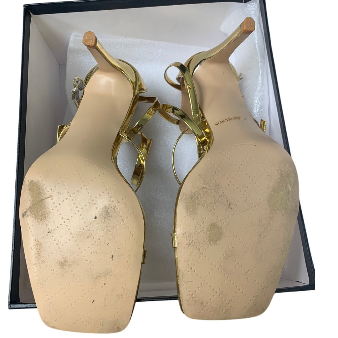Comjuy Womens Size 7 Shiny Gold Strappy 3.5" High Heels Open Toe Wedding Shoes