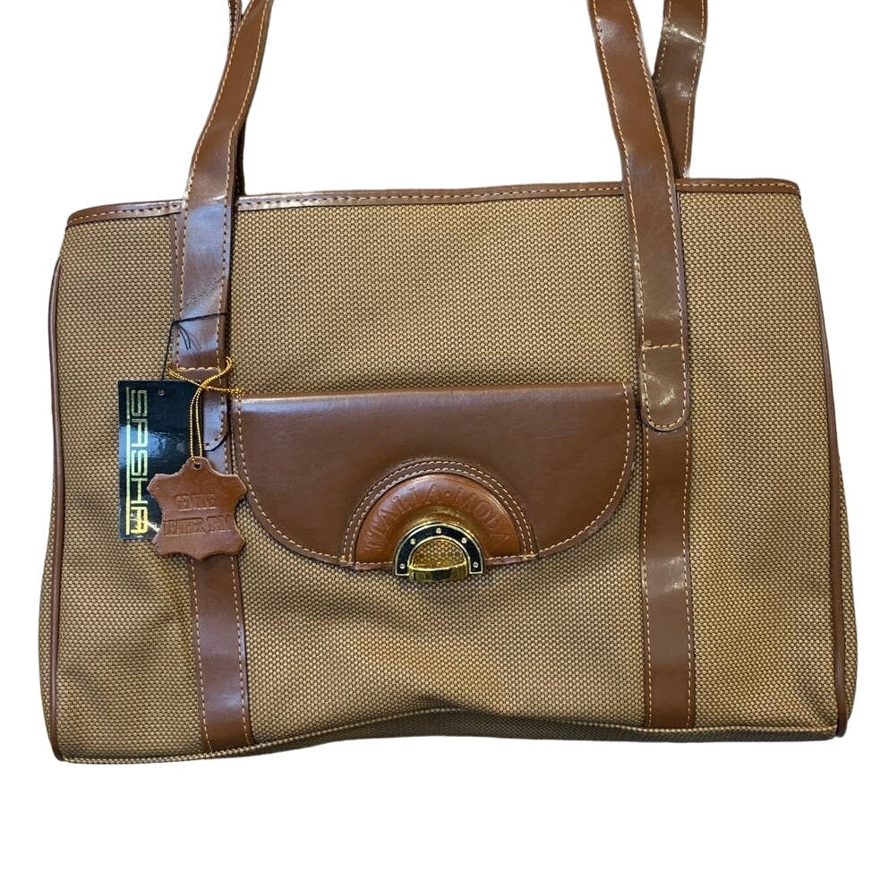 New Sasha Handbags New York Brown Genuine Leather Trim Handbag Shoulder Purse