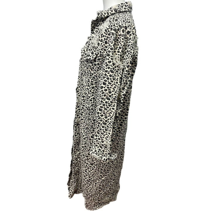 Carole Christian Small Distressed Button Up Leopard Print Cotton Denim Long Coat