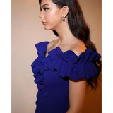 Xscape Womens 14 Scuba Crepe Ruffle Collar Ruched Off The Shoulder Maxi Dress