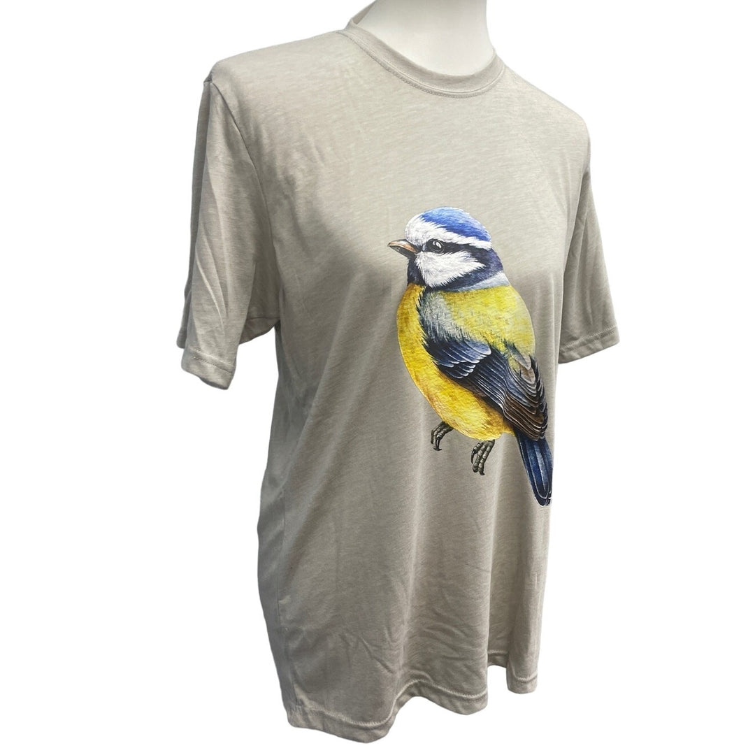 New Hand Printed Womens Medium Yellow Blue Wild Bird PolyCotton Crew Neck Tee