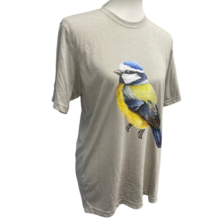 New Hand Printed Womens Medium Yellow Blue Wild Bird PolyCotton Crew Neck Tee