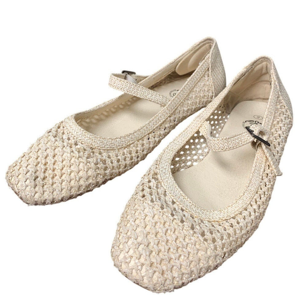 Trary Womens Size 9 Tan Woven Straw Mary Jane Buckle Strap Flat Sandal Shoes