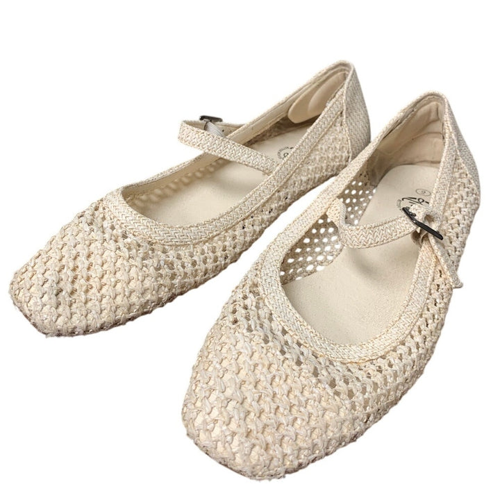 Trary Womens Size 9 Tan Woven Straw Mary Jane Buckle Strap Flat Sandal Shoes