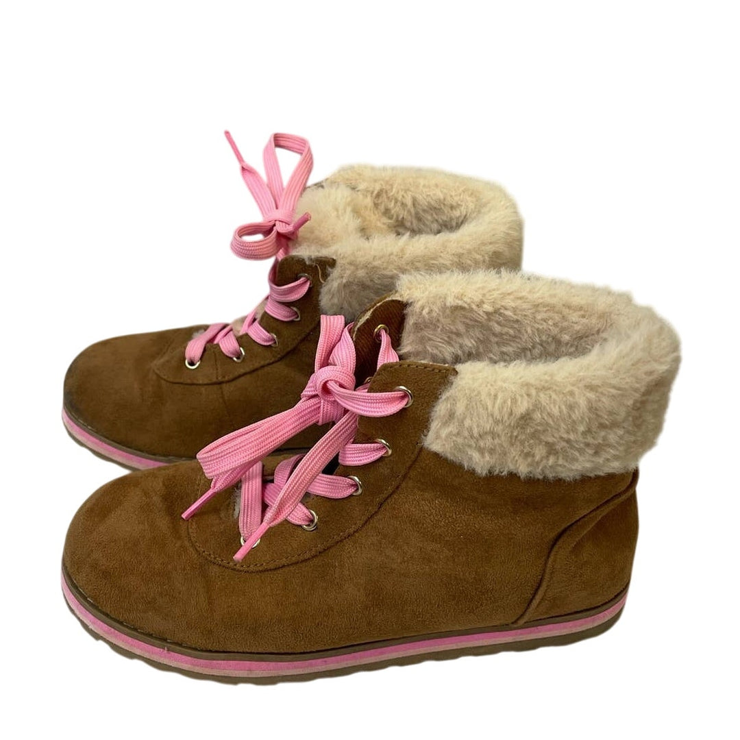 Childrens Place Girls Size 2 Faux Suede Fur Pink Brown Lace Up Fall Winter Boots