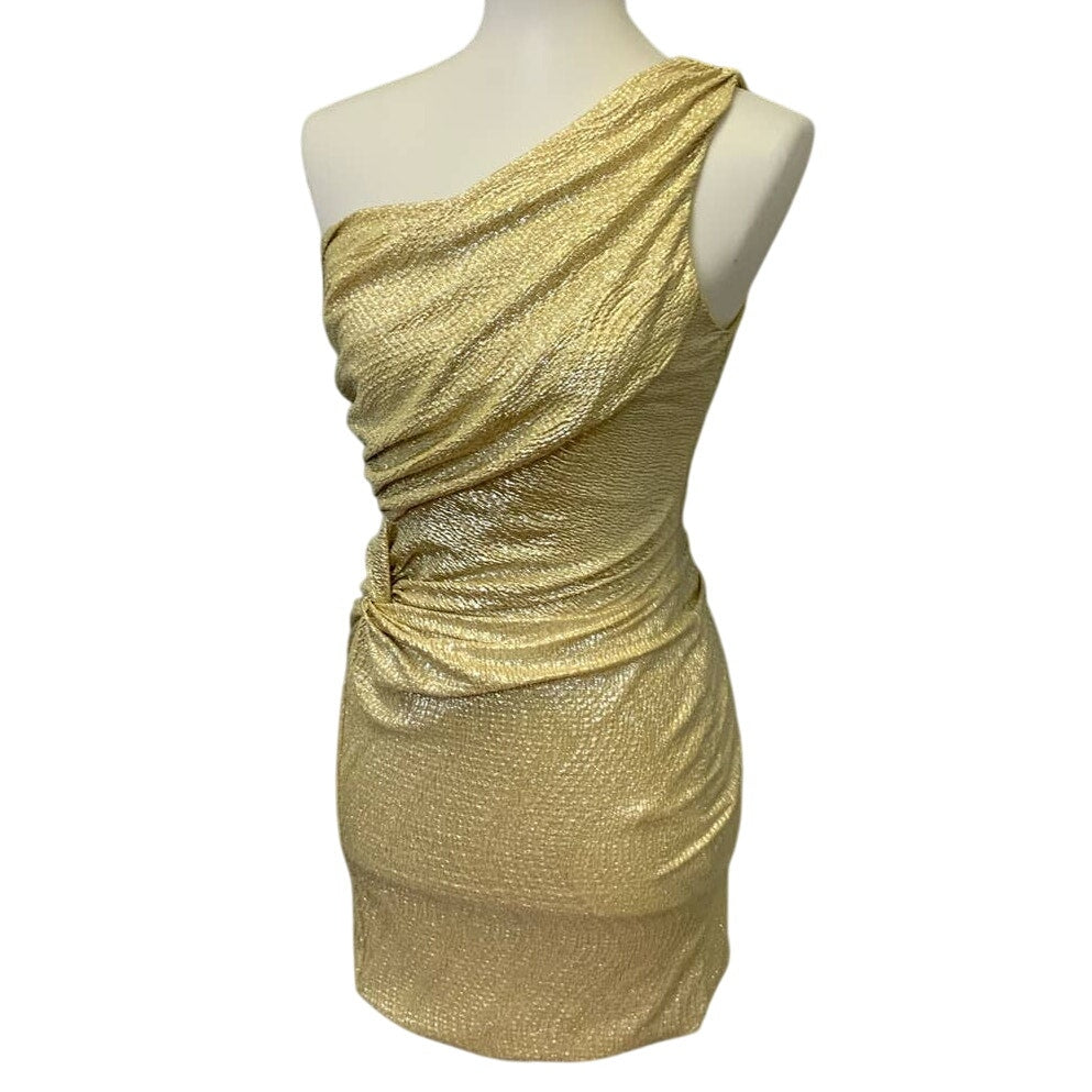 AUW As You Wish Womens Small One Shoulder Swoop Shiny Gold Sleeveless Dress