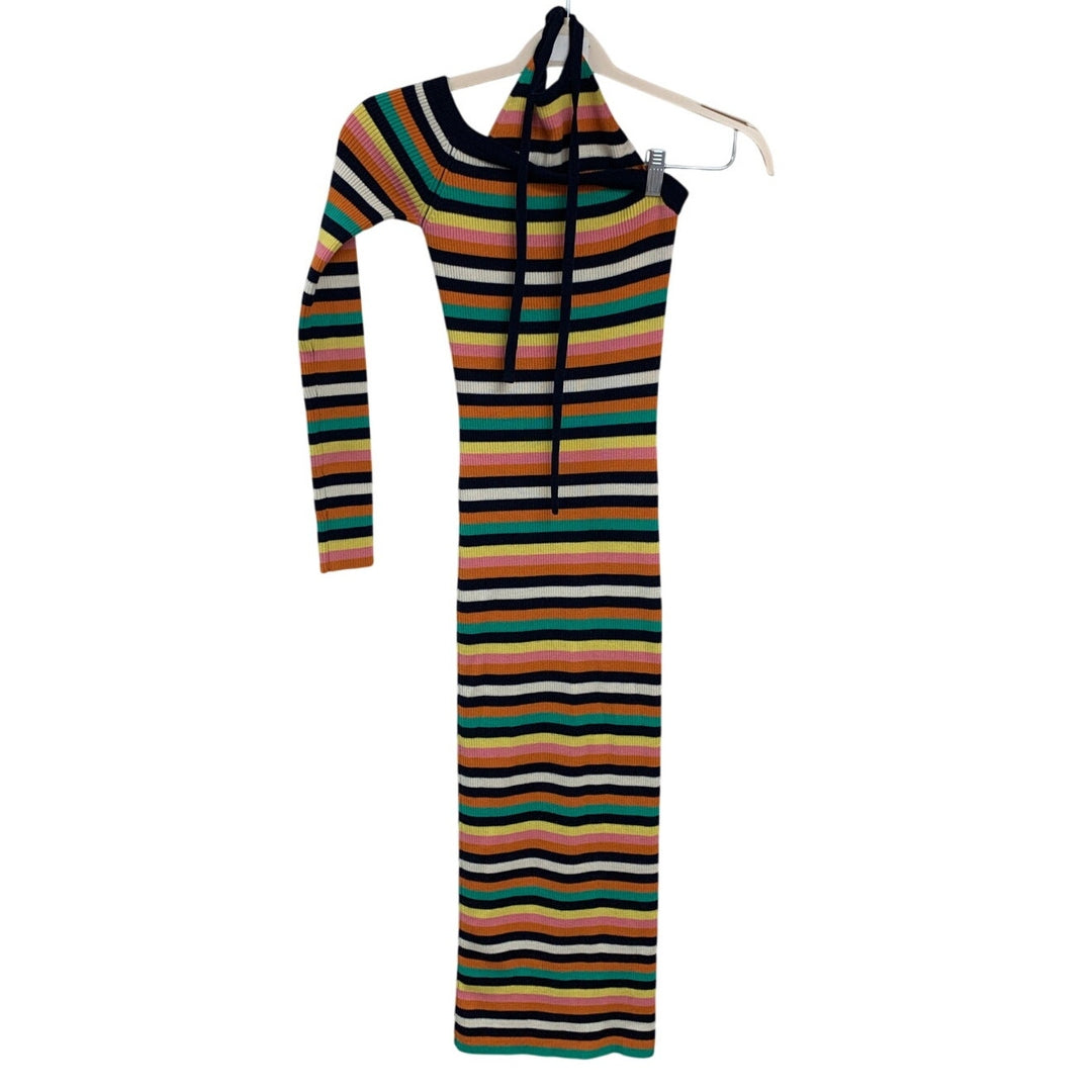 Monse Women XS Multicolor Striped One Shoulder Sweater Knit BodyCon Halter Dress