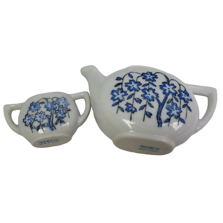 Vintage Mini Ceramic Doll Teapot Teacup Plates Creamer Cups Blue Floral Set