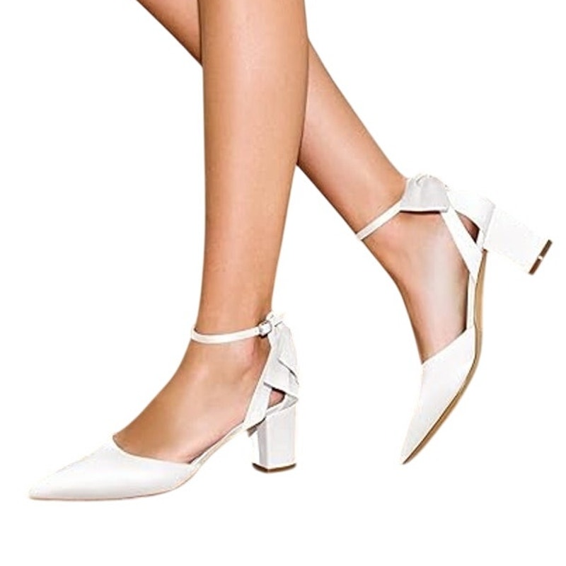 Coutgo Womens Size 8.5 White Satin 2.5" Chunky Heel Closed Toe Ankle Strap Shoes