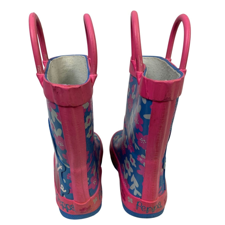Girls Size 5 Pink Blue Rain Boots Floral Peppa Pig Handled Outdoor Shoes
