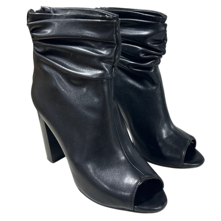 FSJ Womens Size 8 Black 4" Chunky Heel Ankle Boots Round Peep Toe Back Zip Shoes