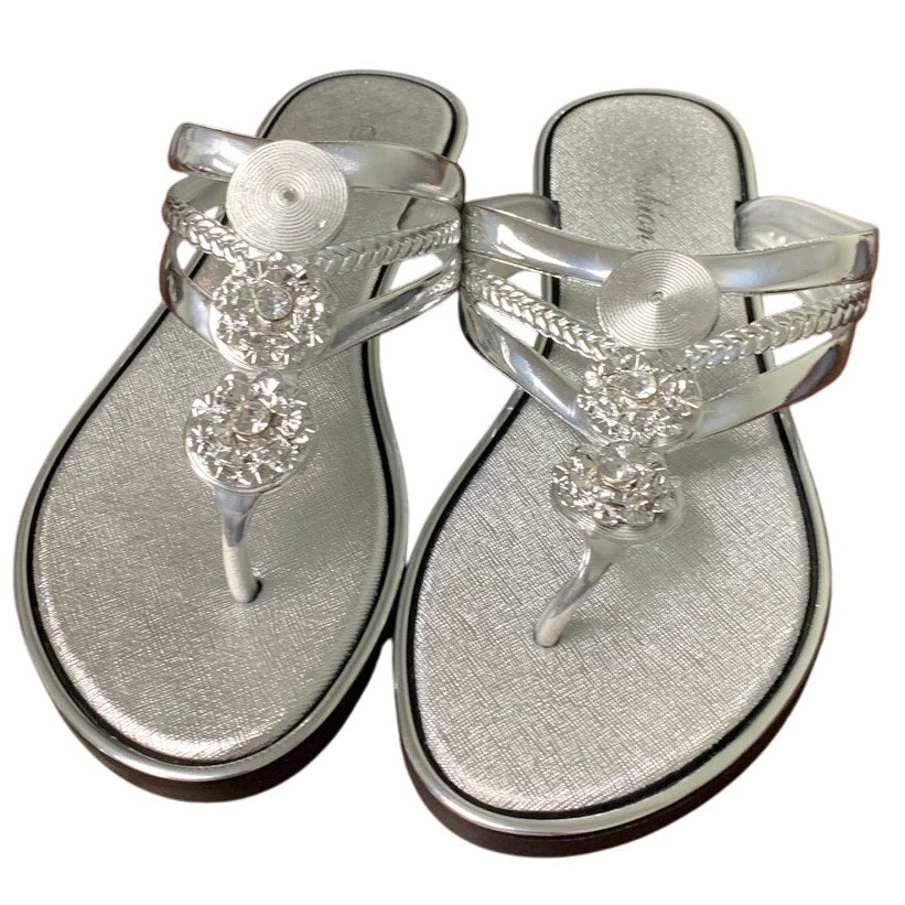 Fashion Womens 7.5 Silver Rhinestone Thong Flat Flip Flop Slip On Sandal Shoes