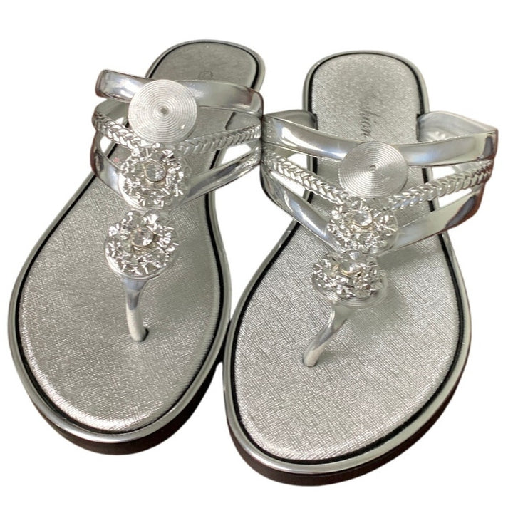 Fashion Womens 7.5 Silver Rhinestone Thong Flat Flip Flop Slip On Sandal Shoes