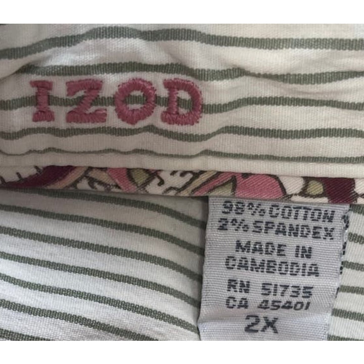 Izod Womens Plus Size 2X Long Sleeve Green Stripe Button Down Collared Shirt