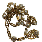 Vintage 33" Faux Pearl Art Deco Long Gold Toned Chain Link Necklace